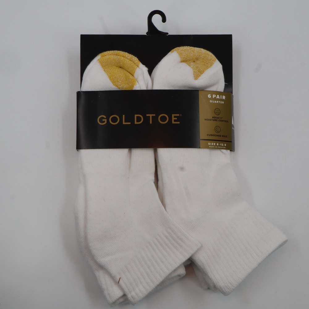 Goldtoe Quarter Socks Mens 6-12.5 White 6 Pair Pack AquaFX Cushioned Active
